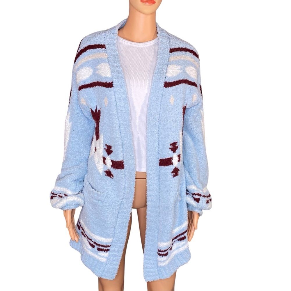 Blue Rain Sherpa Cardigan Sweater Wrap Oversized Cozy Soft Aztec Print SZ Med